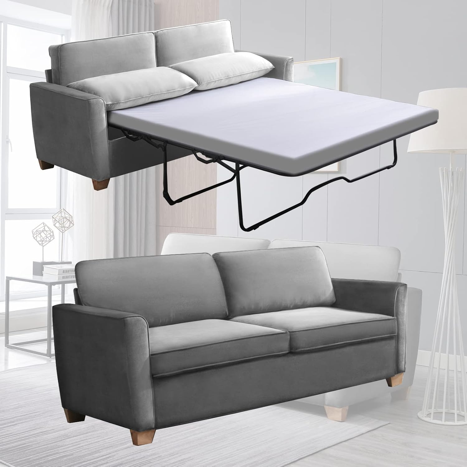 Amazon.com: Mjkone 2-In-1 Pull Out Sofa Bed, Queen Size Velvet Sleeper ... intended for Caring for Your Monterey Beach Beige Fabric Furniture A Comprehensive Guide