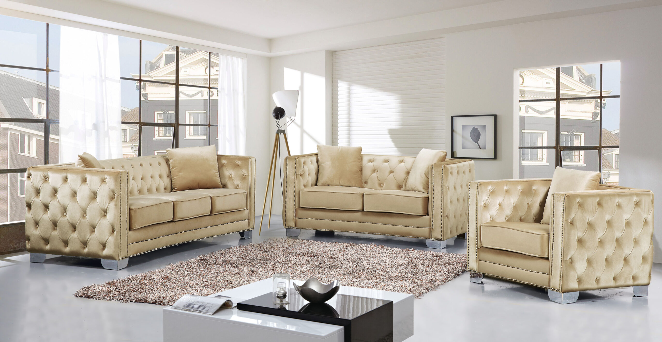 Reese Beige Velvet Living Room Set- Rich Velvet Covers The Plush ... with regard to Reid Buff Beige Fabric 3 Piece Living Room Set