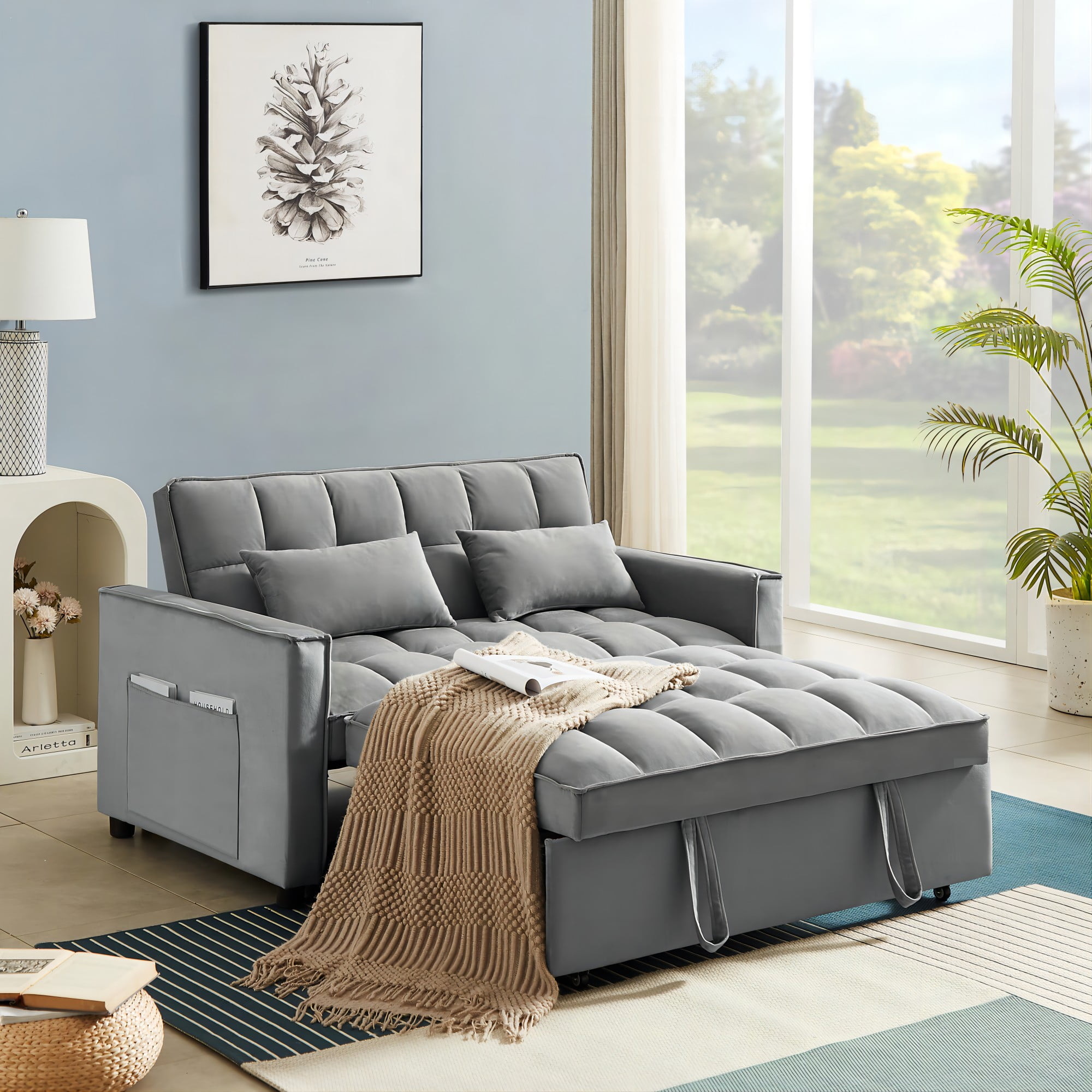 Zechuan Convertible Sofa Bed With Pull Out Bed - 55" Tufted Velvet ... in Colby Smoke Grey Fabric 4 Piece Queen Memory Foam Sleeper Sofa Bed Loveseat Arm Chair & Ottoman Set