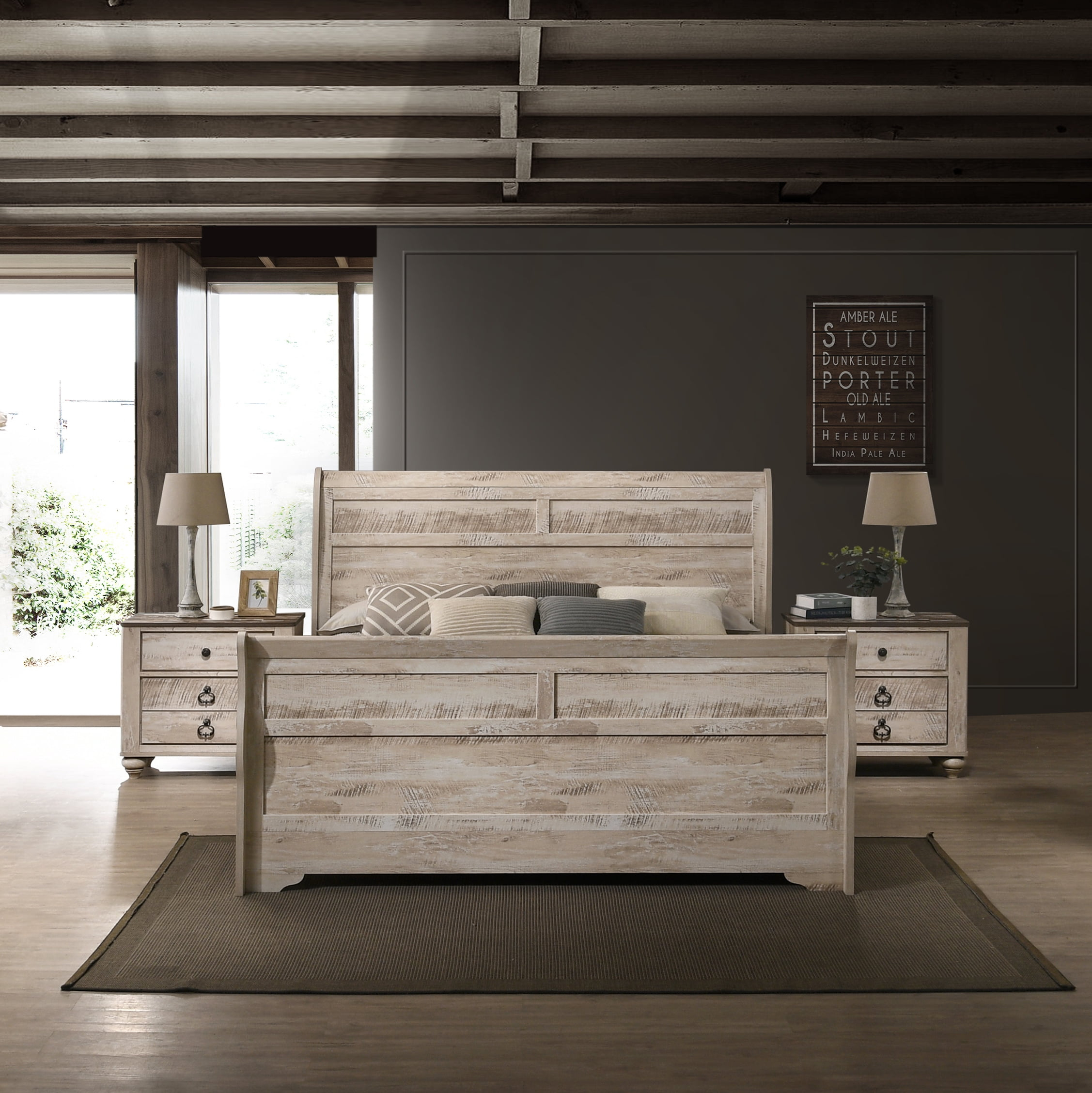 Imerland White Wash Finish 3-Piece Bedroom Set-Sleigh Bed And Two ... for Austen Black King Wood Panel 3 Piece Bedroom Set With 2 3-Drawer Nightstands With Storage