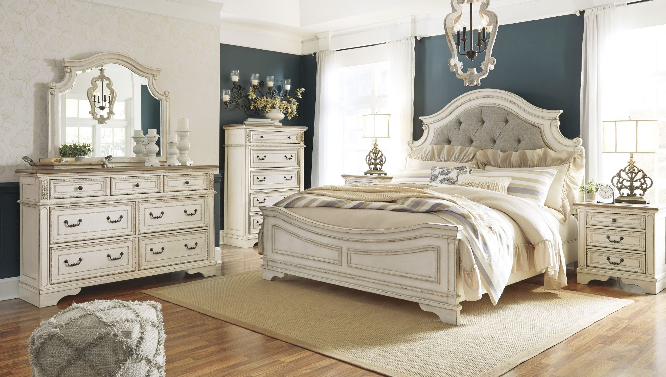 Realyn Chipped Two Tone Upholstered Panel Bedroom Set From Ashley ... pertaining to Voyage Natural King Wood & Upholstered Panel 3 Piece Bedroom Set With 2 2-Drawer Nightstands By Nate Berkus + Jeremiah Brent