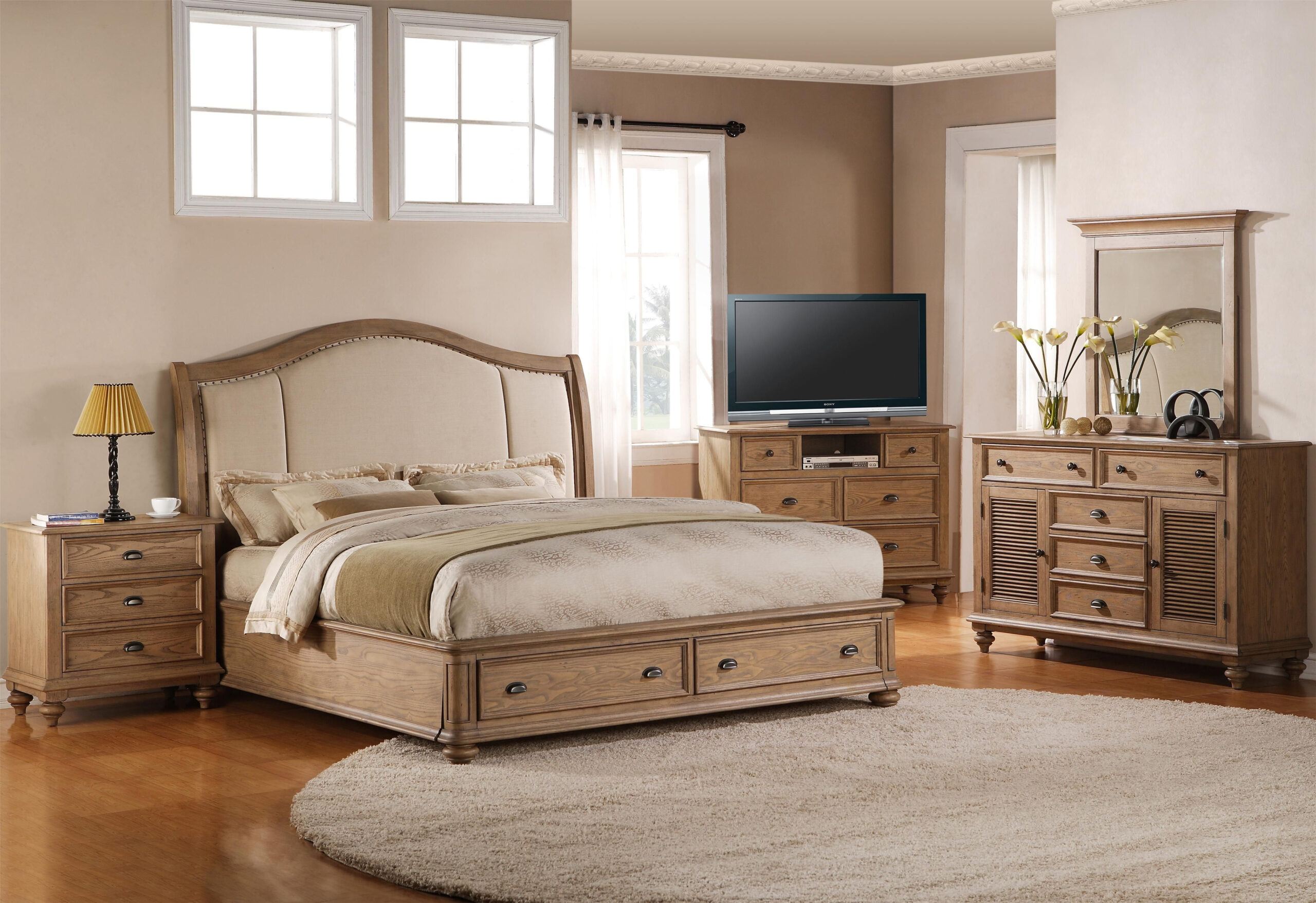 Upholstered Bedroom Set Full At Theodore Randolph Blog intended for Dean Sand Full Upholstered 4 Piece Bedroom Set With Madison White Ii Dresser Chest & 2 Drawer Nightstand