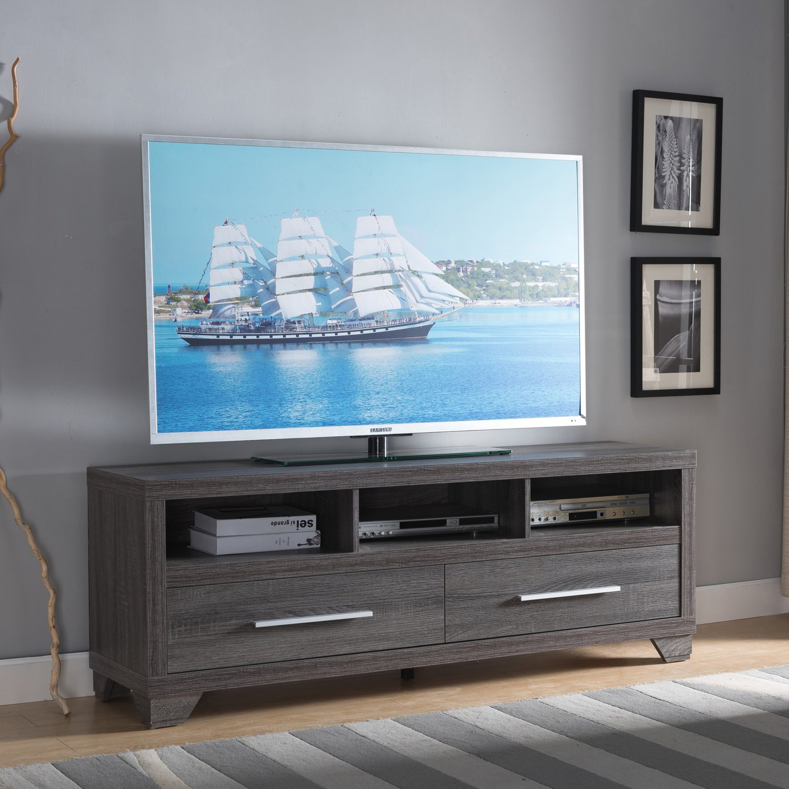 60” Distressed Grey Tv Stand Two Storage Drawers Three Display Shelves ... for The Durability and Design of the Payne 60" Distressed Java TV Stand
