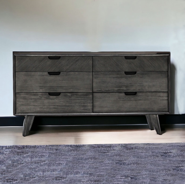 61" Gray Solid Wood Six Drawer Double Dresser - Midcentury - Dressers ... throughout Choosing the Perfect 61" Brown Solid Wood Six Drawer Double Dresser for Your Space