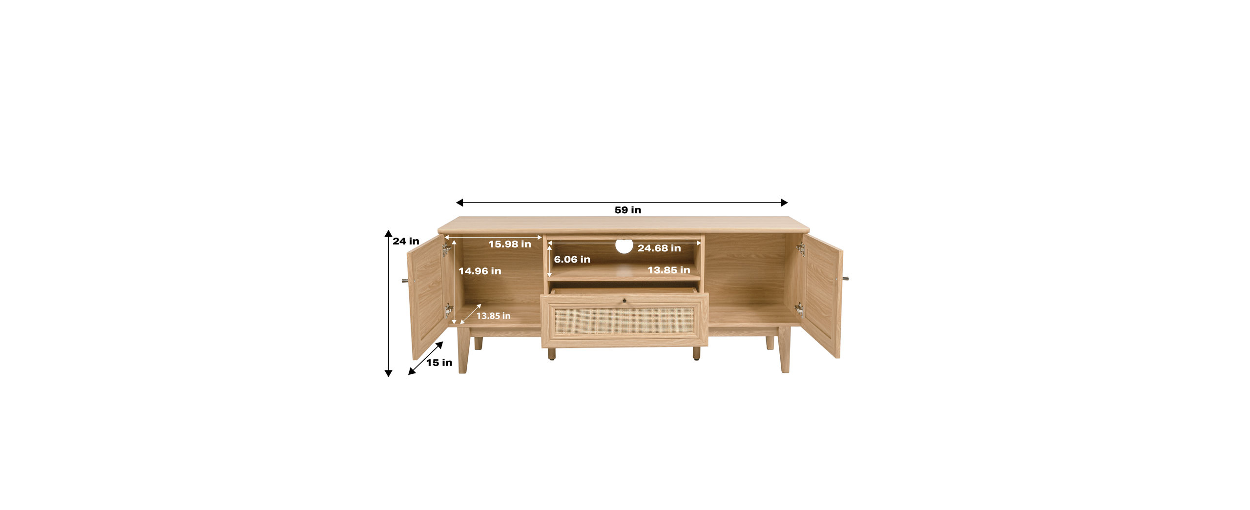 Caned Tv Stand, Drawer, Storage Doors Fits Tvs Up To 65", Cable ... pertaining to Caned Tv Stand, Drawer, Storage Doors Fits Tvs Up To 65", Cable Management, Oak