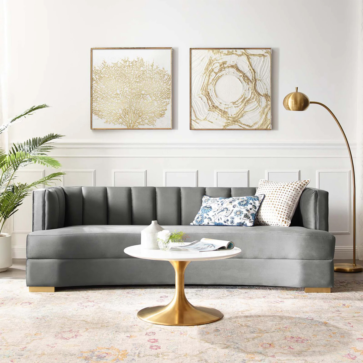 Curved Grey Velvet Sofa | Baci Living Room pertaining to Exploring the Versatility of Ingmar Channel Curved Sofa in Different Room Settings
