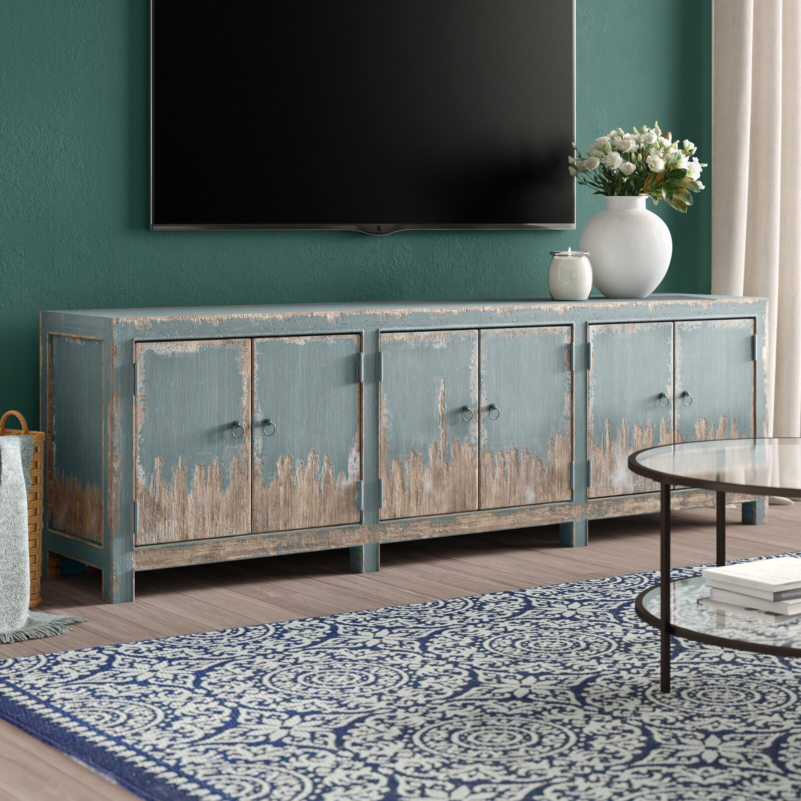 Distressed Media Console for Inside the Craftsmanship of Payne's 60 inch Media Console with Distressed White Finish