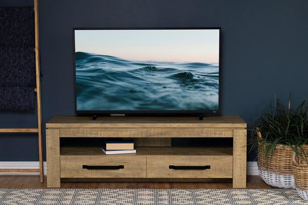 Elkton 2-Drawer Engineered Wood 59″ Tv Stand Mango - Exotic & Rustic Furniture throughout Elkton 2-Drawer Engineered Wood 59" Tv Stand Mango