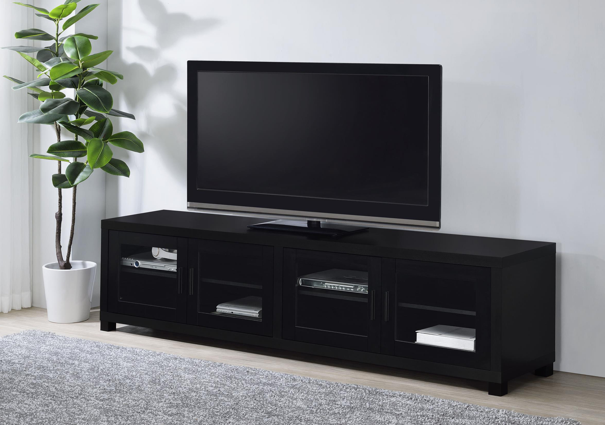 Lark Manorâ„¢ 4-Door Engineered Wood 79-Inch Tv Stand Black | Wayfair intended for Understanding the Design Principles Behind Modern Media Furniture
