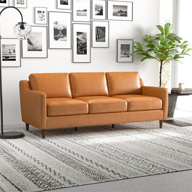 Madison Mid Century Modern Furniture Genuine Leather Cognac Tan Sofa ... with Madison Mid Century Modern Furniture Genuine Leather Couches In Cognac Tan