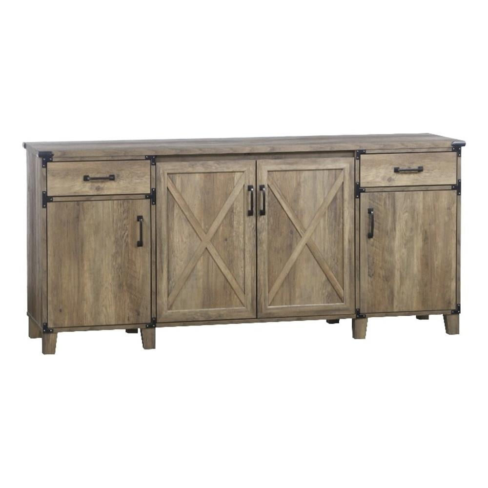 Pemberly Row 4-Door Engineered Wood Credenza File Cabinet In Rustic Oak ... pertaining to Sachin 4-Door Engineered Wood 79" Tv Stand Distressed Pine