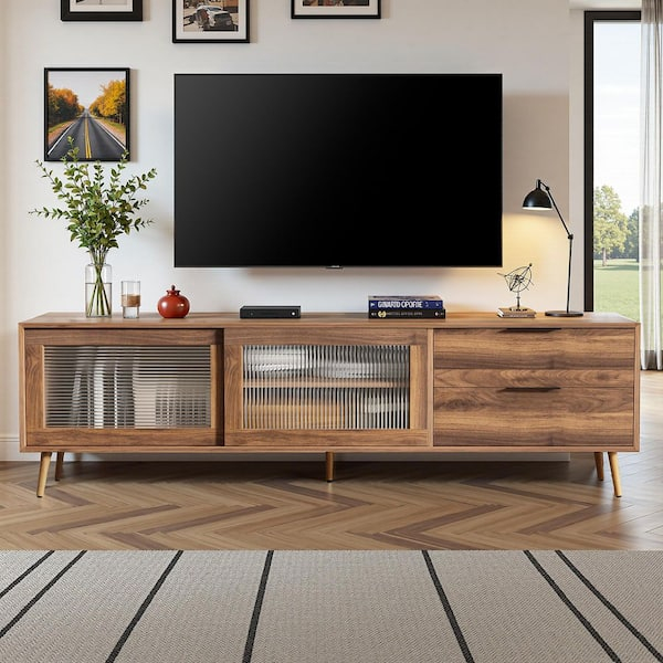 Spruce & Spring Walnut Tv Stand Fits Tvs Up To 79 In. With 2-Drawers ... inside Caned Tv Stand, Drawer, Storage Doors Fits Tvs Up To 65", Cable Management, Oak