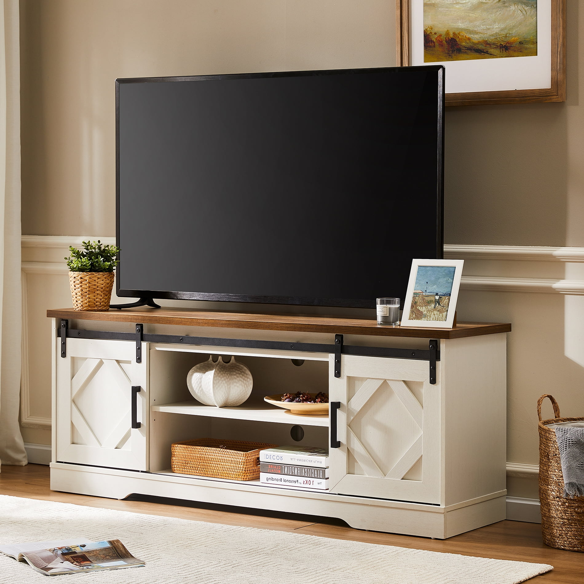 Wampat Farmhouse Tv Stand For Tv Up To 65" Barn Door Media Console ... with Inside the Craftsmanship of Payne's 60 inch Media Console with Distressed White Finish