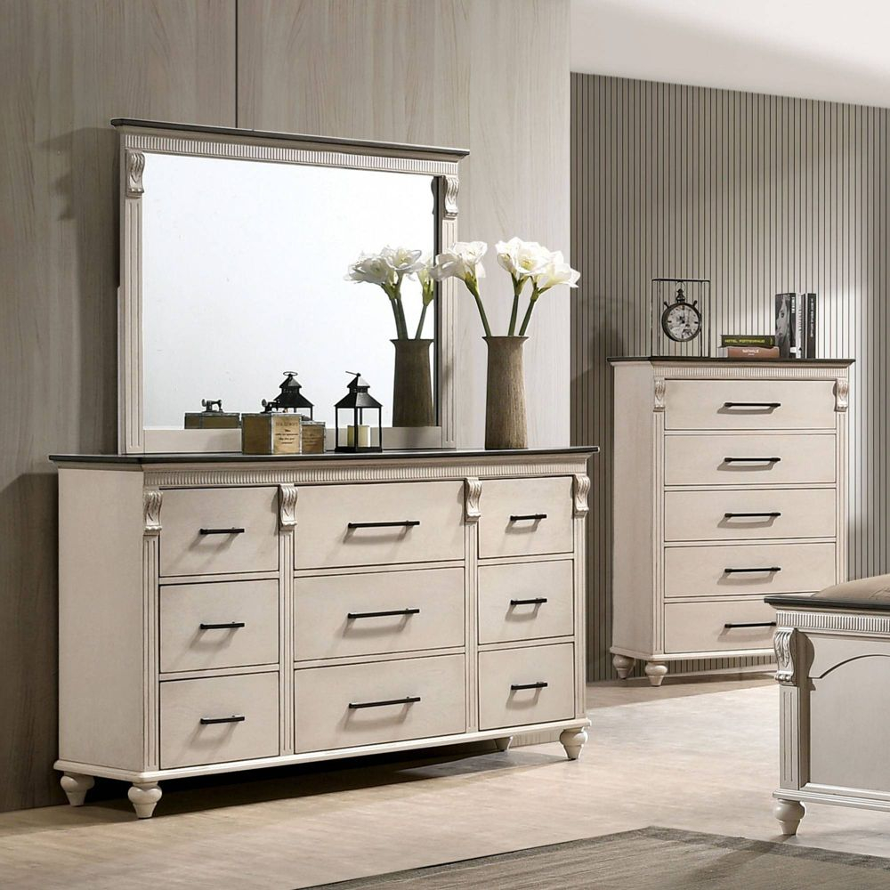 2Pc Nyes 9 Drawer Dresser And Mirror Set Antique White/Walnut – Homes ... intended for How to Choose the Right 9 Drawer Dresser with Mirror for Your Bedroom Setup
