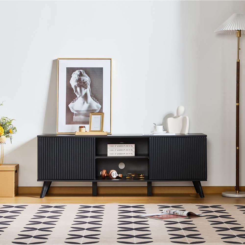 Athmile Black Wooden 58 In. Tv Stand With Storage For Tv Up To 65 In ... with 65"H Modern Style Tv Stand With Adjustable Shelves And Cable Holes, Black