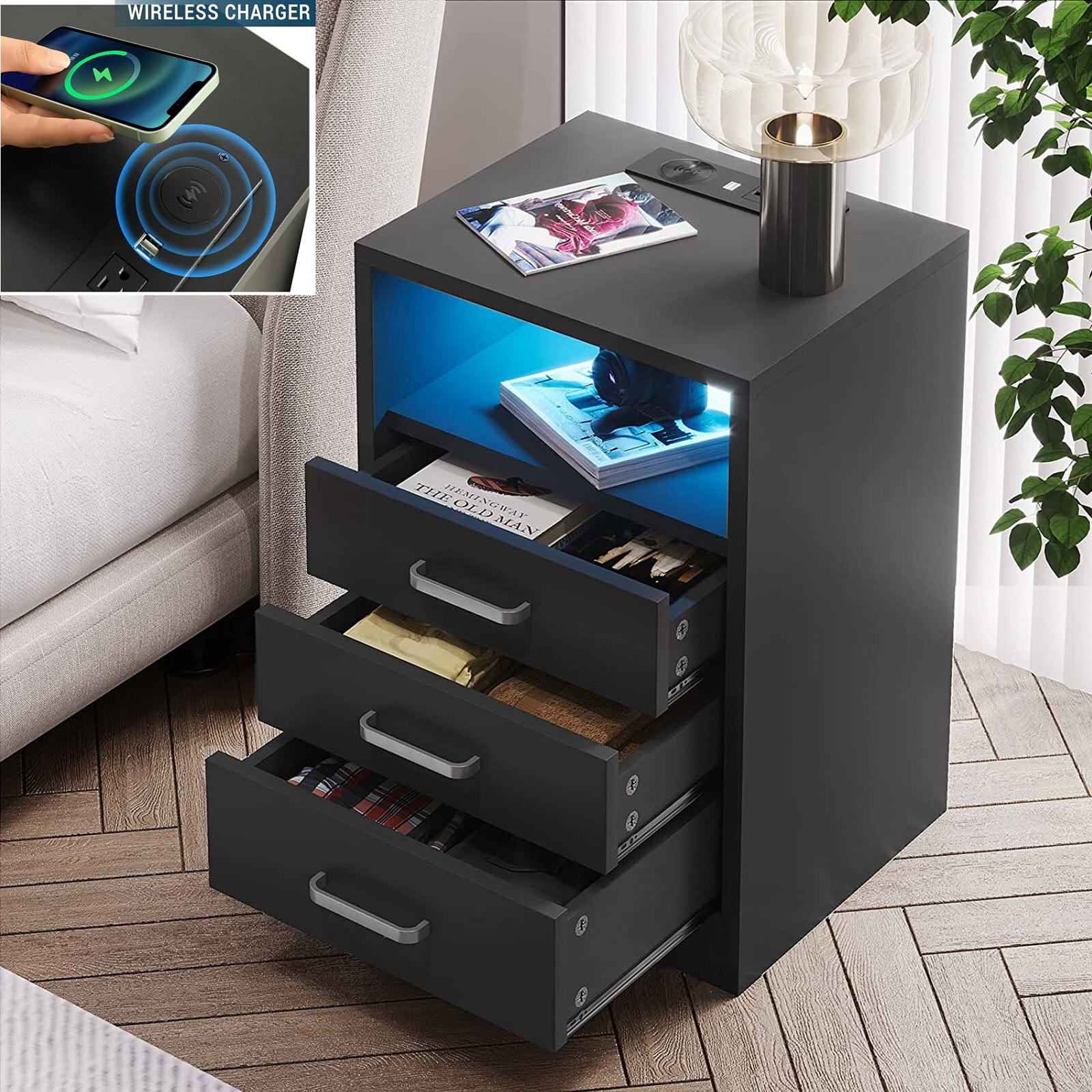 Dorm Nightstand With Charging Station At Louise Mcmakin Blog with regard to Gdf Studio 4-Drawer Storage Tv Stand, Led Lighting & Charging Ports, Black
