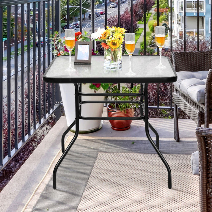 Lark Manor 32 Inch Patio Tempered Glass Steel Frame Square Table | Wayfair regarding Modern 31.5" Patio Tempered Glass Steel Frame Square Table